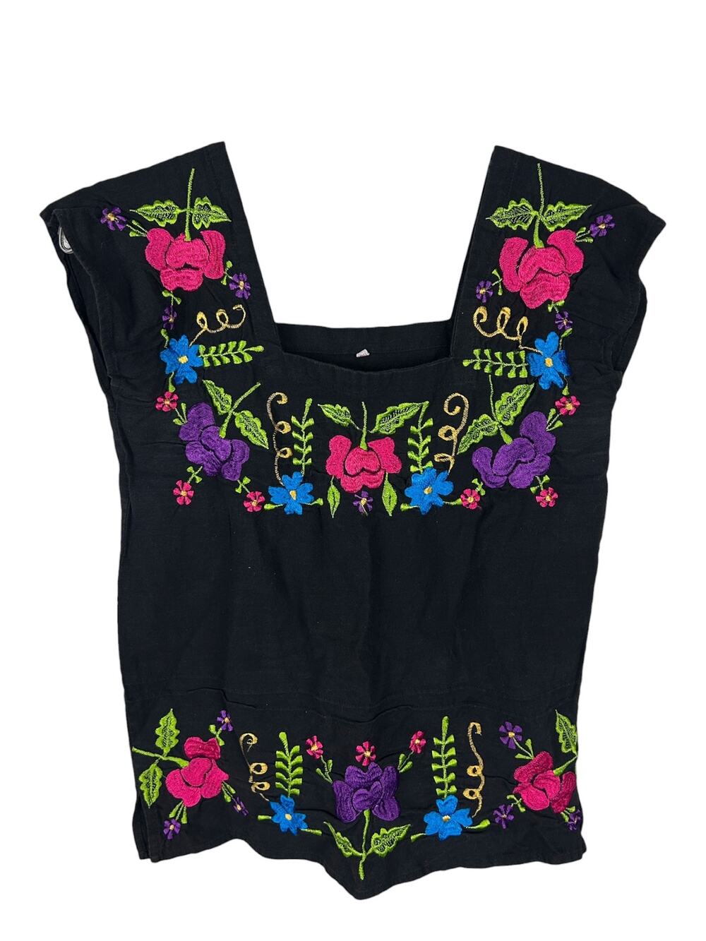 Vintage 80s Oaxaca Black Cotton Multicolored Floral Embroidered Square Neck Top